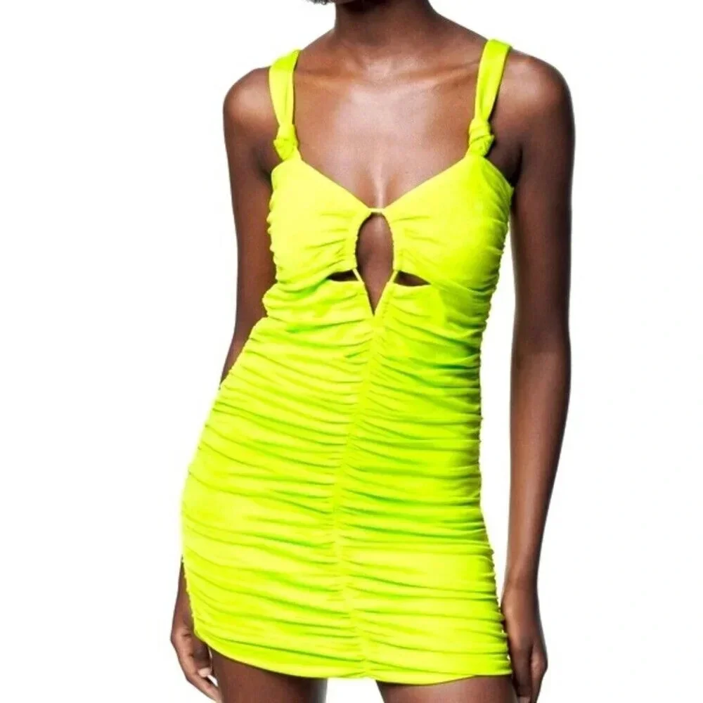 New Zara ruched keyhole bodycon dress in lime neon yellow green size S - Picture 1 of 7